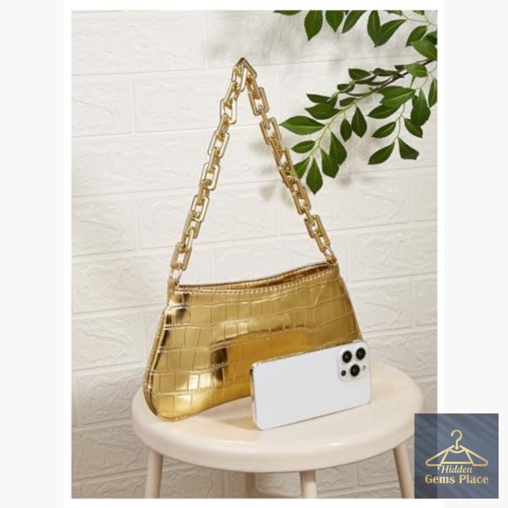 Gold Metallic Shoulder Bag Evening Party Mini Clutch Purse Chain Zipper - Picture 4 of 6